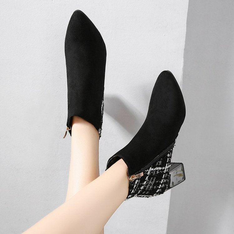 Chunky Heel Ankle High Heels Women's Pointed-toe Boots British Style Short Boots Product information: Color: Black Shoe Upper material: artificial PU Sock length: mid-calf Size: 35,36,37,38,39 Applicable Gender: Female Leather characteristics: PU Popular