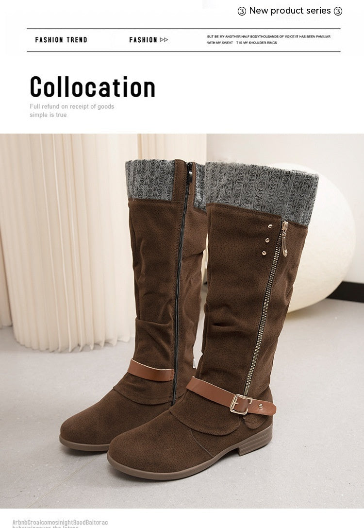 Plus Size Long Tube Women's Boots Chunky Heel Side Zip Wool Stitching Product information: Lining material: Cotton Color: red, black, purple, green, brown Heel height: mid heel (3-5CM) Length of socks: Middle calf Size: 36, 37, 38, 39, 40, 41, 42, 43 Sole
