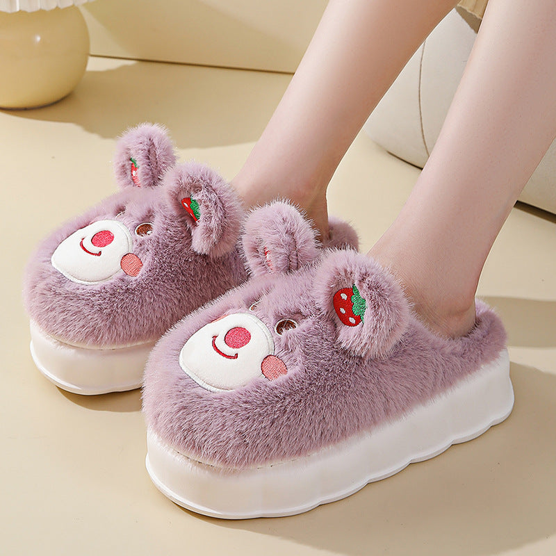 High Heel Cotton Slippers Women's Thick Bottom Cartoon Cute Bear Girl Heart Home Fluffy Slippers Winter Warm Product information: Mode: Cartoon Material lining: Cotton Color: Rose red, pink, white, purple High heels: 4cm Size: 35-36 size, 36-37 size, 37-3