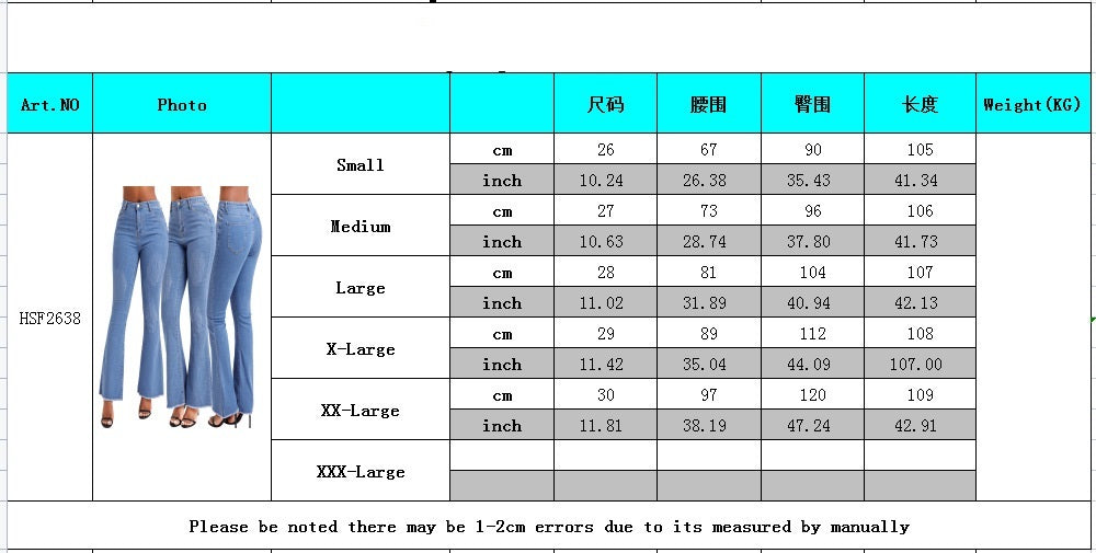 Fashionable All-match Wide-leg Washed Denim Stretch Flared Pants Product information: Color: blue Elasticity: high elasticity Pants length: trousers Waist Type: Mid waist Size: S,M,L,XL,XXL Style type: temperament commute Popular elements: Holes Style: bo