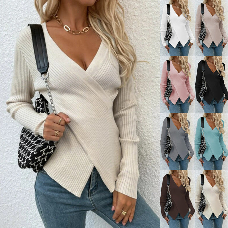 Irregular Cross Sweater Women's Top Product information: Color: black, white, apricot, pink, coffee, gray, blue, khaki Size: S,M,L,XL Style type: Japanese and Korean casual Popular elements: V-neck irregular Style: pullover Fabric name: knitted Main fabri