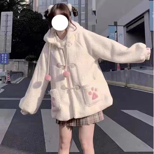 Autumn And Winter Cute Hooded Bear Ears Fleece Shirt Sweater Furry Baggy Coat Student Top Product information: Pattern: animal pattern Color: Milky White, Brown Size: S,M,L,XL,XXL,XXXL Version: Loose Style type: fresh and sweet Combination form: Single pi