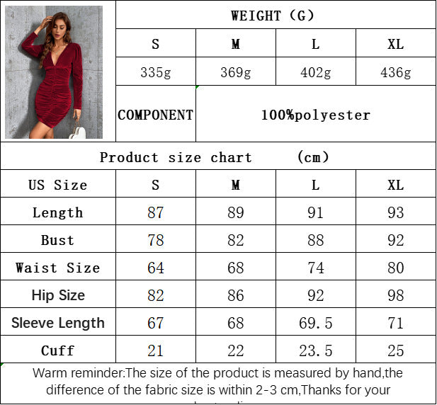 European And American Sexy V-neck Fitted Waist Pleated Long Sleeve Velvet Dress Product information: Pattern: solid color Skirt type: hip skirt Color: wine red, black, Army Green Waist type: high waist Size: S,M,L,XL Style type: temperament commute Skirt