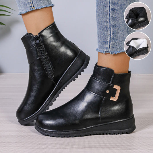 Winter Fleece Boots With Side Zipper Design Fashion Simple Non-slip Ankle Boots For Women Warm Pu Leather Shoes Product information: Features: anti-slip, warm, and others. Use: keep warm Upper material: satin Sole material: upper Toe shape: round head Ins