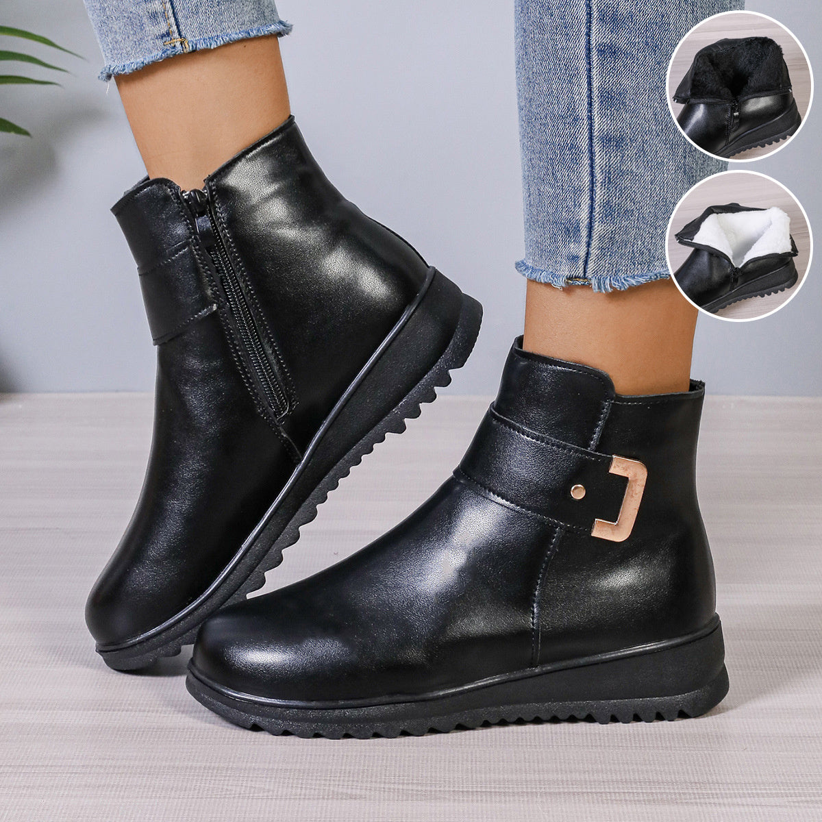 Winter Fleece Boots With Side Zipper Design Fashion Simple Non-slip Ankle Boots For Women Warm Pu Leather Shoes Product information: Features: anti-slip, warm, and others. Use: keep warm Upper material: satin Sole material: upper Toe shape: round head Ins
