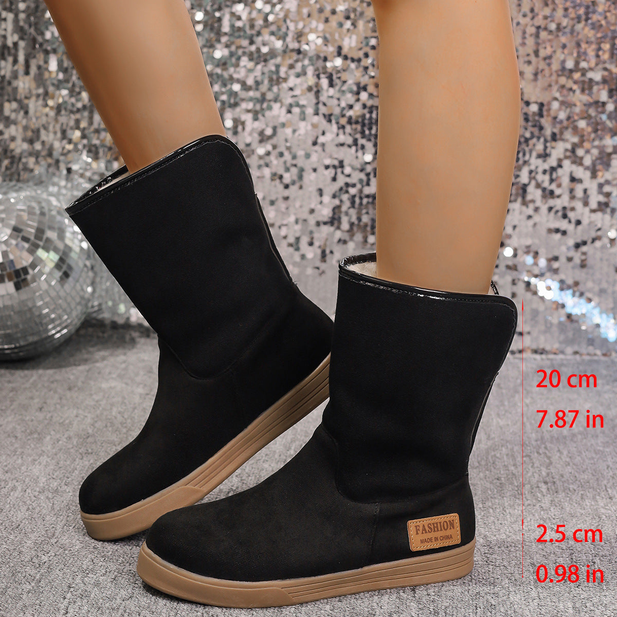 Women's Snow Boots Winter Warm Non-slip Flat Mid-calf Boot Plus Velvet And Thickened Cotton Shoes Product information: Upper material: suede Sole material: rubber Upper height: high top Toe shape: round head Heel shape: flat heel Color: black, brown Size