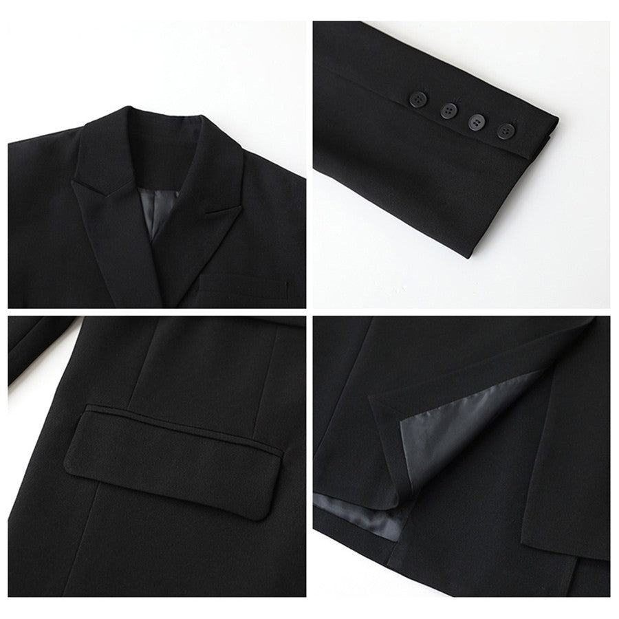Mid-length Draped Blazer With Flutter StrapsWomen's Suits Product information: Material: Polyester Style: Princess Style Colour: Black jacket, white jacket, black set, white set Size Information: Size: S/M/L/XL Packing list: Jacket*1/ Jacket*1 Trousers*1