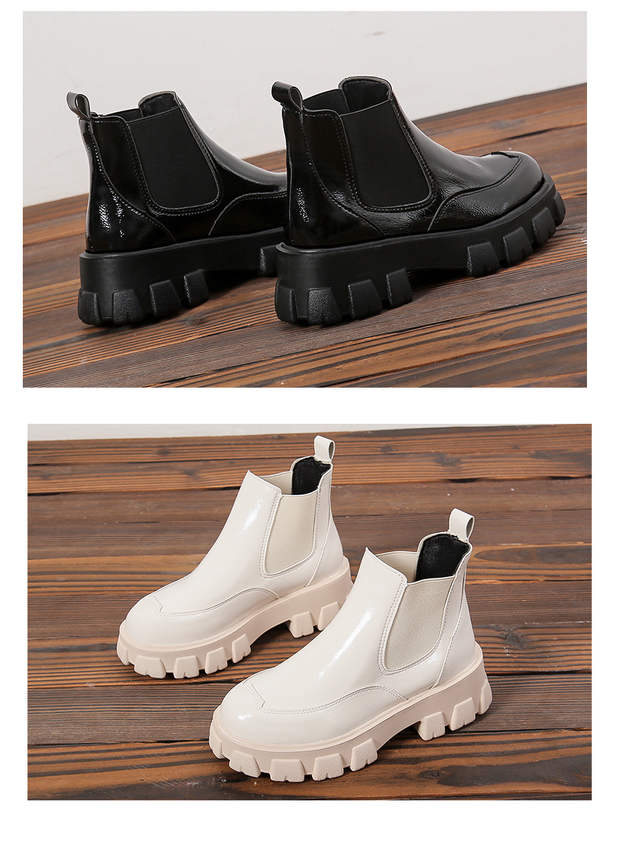 All-match Patent Leather Boots With Wedge Heel Product information Color: black, beige Upper material: canvas Popular elements: color matching Toe shape: round toe Pattern: Color matching Sole material: rubber+MD+TPU Wearing style: elastic band Inside mat