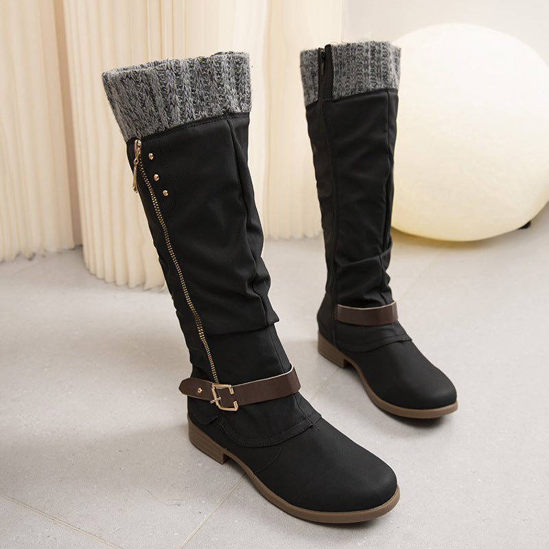 Plus Size Long Tube Women's Boots Chunky Heel Side Zip Wool Stitching Product information: Lining material: Cotton Color: red, black, purple, green, brown Heel height: mid heel (3-5CM) Length of socks: Middle calf Size: 36, 37, 38, 39, 40, 41, 42, 43 Sole