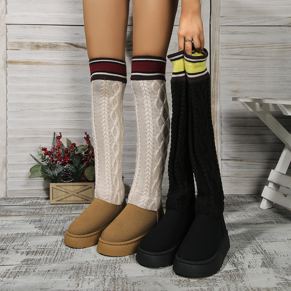 Winter Over-the-knee Boots With Long Knitted Sock Design Fashion Flat Thick-soled Shoes For Women Casual Warm Long Boot Overview: Unique design, stylish and beautiful. Good material, comfortable feet. A variety of colors, any choice. Specification: Shoe u