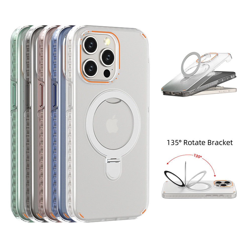 New Colorful Magnetic Bracket Phone Case With Holder Stand Cover For Magesafe Magnetic Transparent Wireless Charge Case For Phone Overview: 【Functional & Flexible】 Designed with a strap hole, speaker dustproof stainless cover, and charger-friendly hole. 【