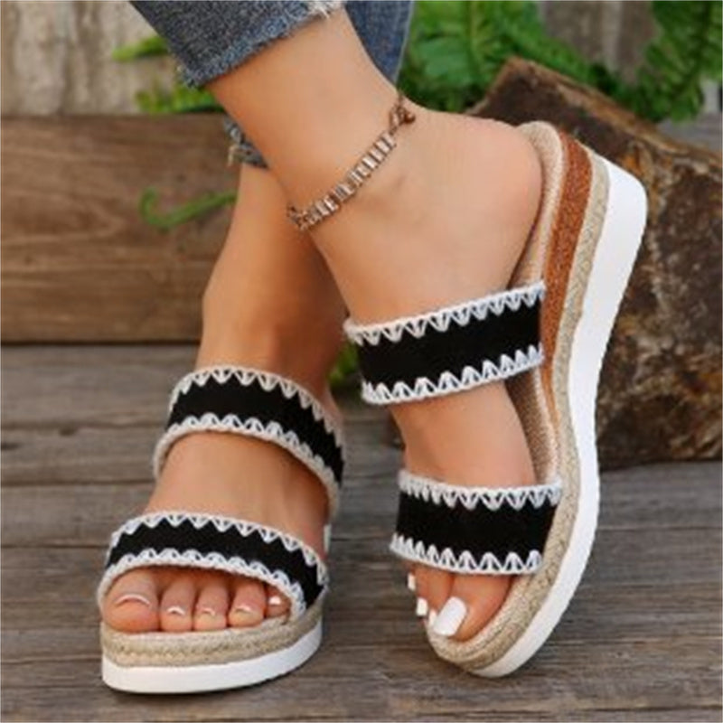 New Hemp Rope Woven Wedge Slippers Summer Ethnic Style Sandals Double Wide Strappy Shoes For Women Overview: Unique design, stylish and beautiful. Good material, comfortable wear. A variety of colors, any choice. Product information: Upper material: suede