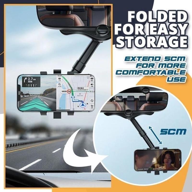Rearview Mirror Phone Holder For Car Rotatable And Retractable Car Phone Holder Multifunctional 360 Rear View Mirror Phone Holder Suitable For All Mobile Phones And All Car Overviews: 【NO MORE LOOKING DOWN】- The car phone holder is mounted on the rearview