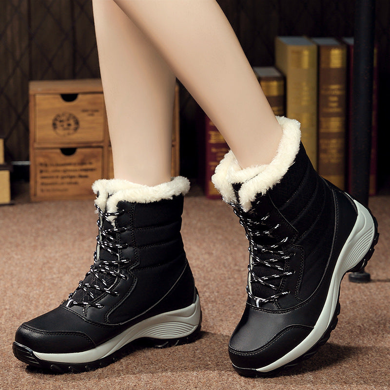Plus velvet high-top women's shoes waterproof snow boots suitable season: winter Heel height; middle heel (3-5CM Pattern Toe shape; round head Popular elements: car suture Applicable gender; female Upper material; umbrella cloth Style: Korean Sole materia