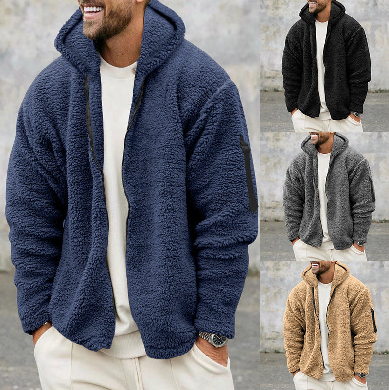 Plush Hooded Jacket Men's Autumn And Winter Fleece Double-sided Wear Warm Coat With Zipper Loose Casual Jacket Outdoor Clothing Overview: Unique design, stylish and beautiful. Good material, comfortable wear. A variety of colors, any choice. Product infor