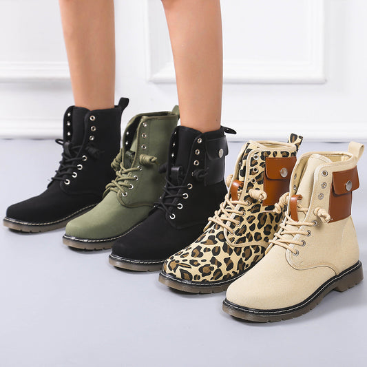 Autumn And Winter Low-heeled Lace-up Leopard Print Fleece Snow Boots Product Information: Heel height: low heel (1-3CM) Pattern: Leopard Print Applicable gender: female Upper material: cotton Color: green, black, khaki, leopard print Size Information: Siz