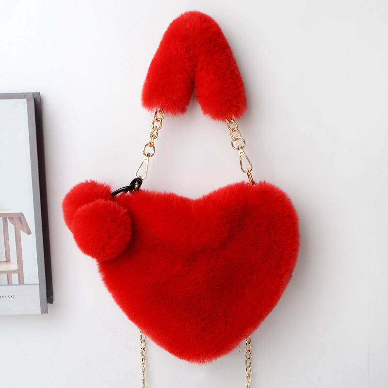 Love Bags Soft Plush Handbags Women Valentine's Day Party Bag Product information: Style: fresh and sweet Material: plush Luggage trend style: fur bag Bag size: medium Lining texture: synthetic leather Bag shape: heart Opening method: zipper Pattern: soli