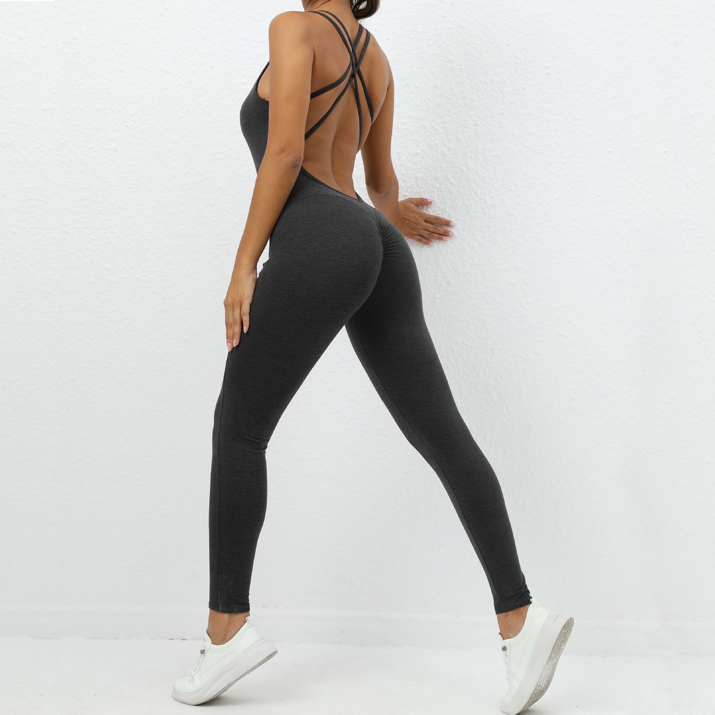 Yoga Jumpsuit With Cross-strap Back Design Quick-drying Tight-fitting Running Sports Fitness Pants Fashion Seamless Leggings For Womens Clothing Product information: Material: Polyester Style:Fashion Simple Features:Solid color Color:picture color Size In