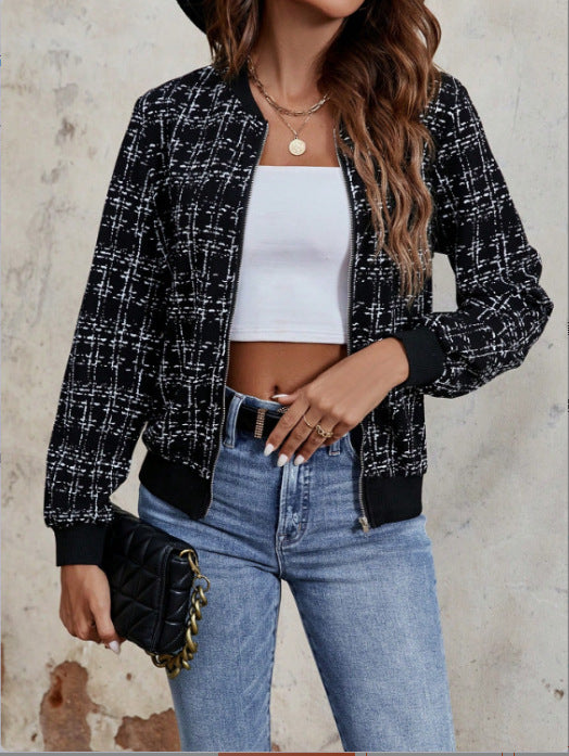 Fashion Plaid Zipper Short Jacket Autumn And Winter Casual Long Sleeve Baseball Clothing Women's Outwear Tops Product information: Fabric name: Polyester Main fabric composition: polyester (polyester fiber) Thickness: Medium Sleeve Type: Regular Sleeve Pa