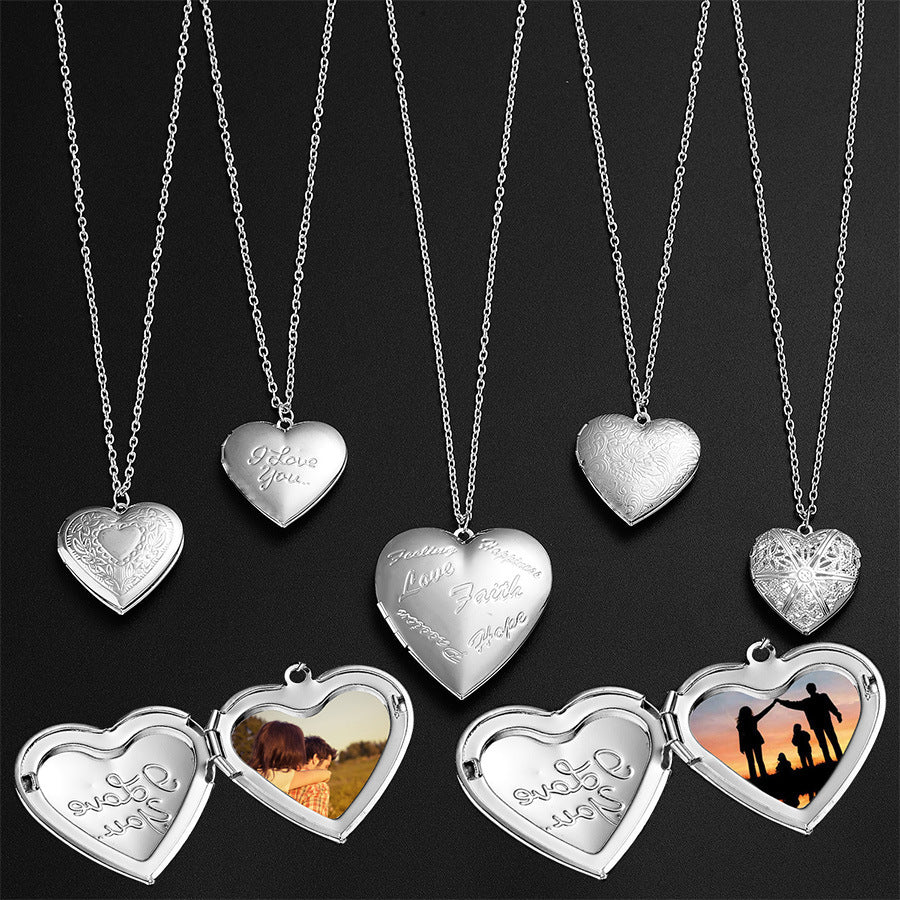 Carved Design Love Necklace Personalized Heart-shaped Photo Frame Pendant Necklace For Women Family Jewelry For Valentine's Day Overview: Unique design, stylish and beautiful. Good material, comfortable wear. A variety of colors, any choice. Product infor