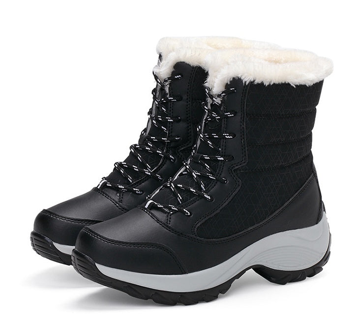 Snow Boots Female High To Help Waterproof Ladies Cotton Shoes Boots Plus Velvet Shoes Function: Keep warm Upper material: synthetic leather Sole material: EVA Upper height: low Toe shape: round head Style: Lady Style: cross strap suitable season: winter p