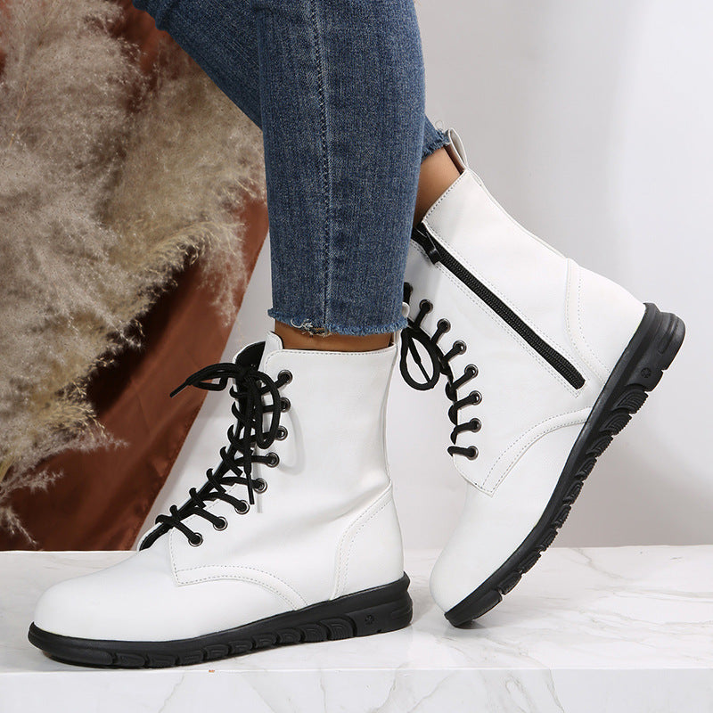 Round Toe Martin Shoes Mid-calf Length Large Size Leather Boots Product information: Color: white, black, yellow, pink, wine red Heel height: low heel (1-3CM) Length of socks: Middle calf Size: 35, 36, 37, 38, 39, 40, 41, 42, 43 Sole craft: viscose shoes