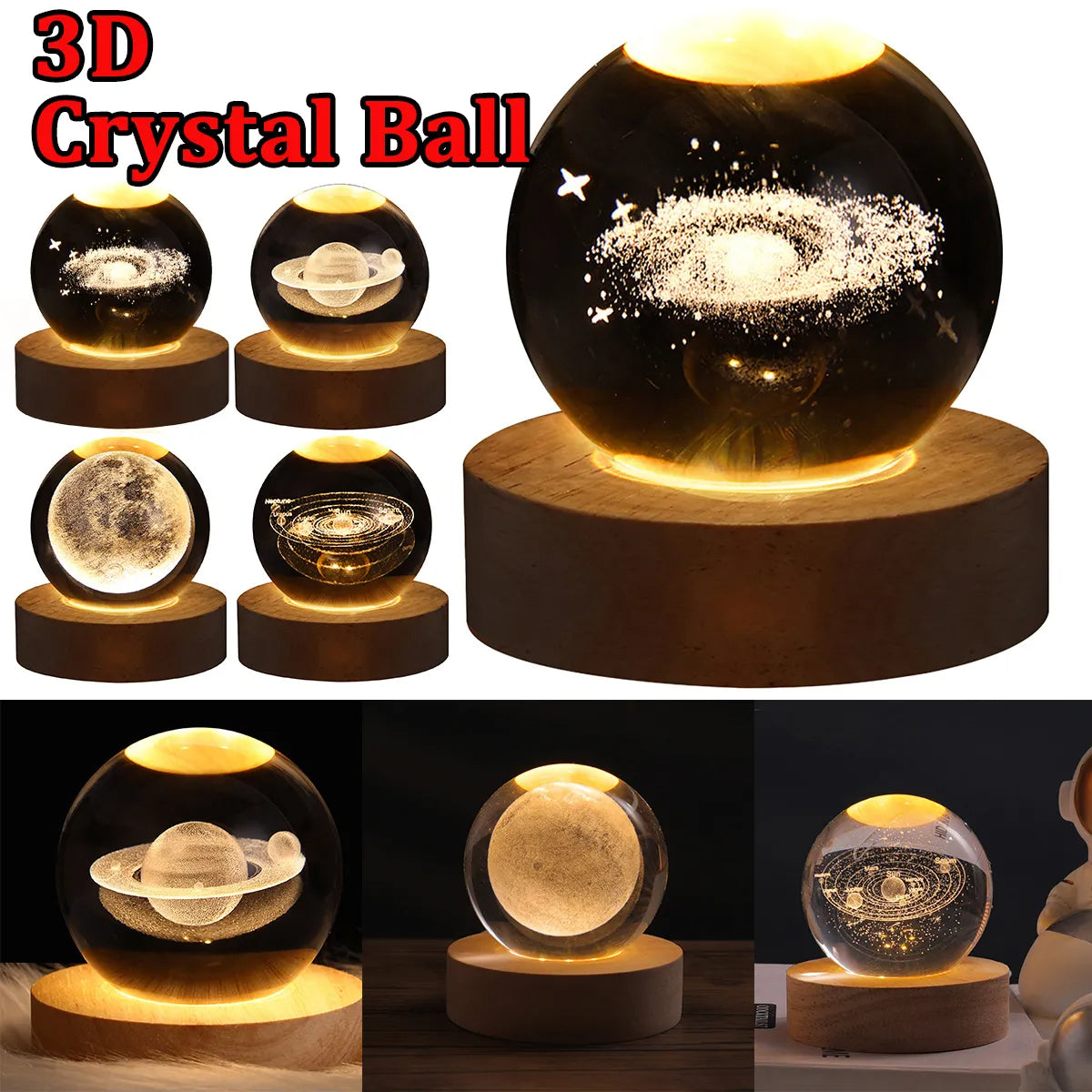 LED Night Light Galaxy Crystal Ball Table Lamp 3D Planet Moon Lamp Bedroom Home Decor For Kids Party Children Birthday Gifts Overview: 1. Creates a warm and romantic atmosphere for your home and room 2. Clear and translucent crystal with a 3D process make