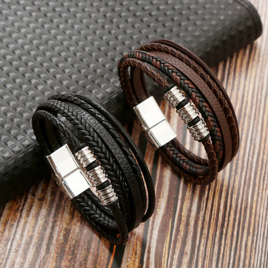 Stainless Steel Men's Leather Magnetic Buckle Woven Bracelet Product information: Treatment Process: Electroplating Color: black, brown, brown, black matte black Style: Men's Material: Alloy Shape: Geometry Style: Original design Packing list: Bracelet*1