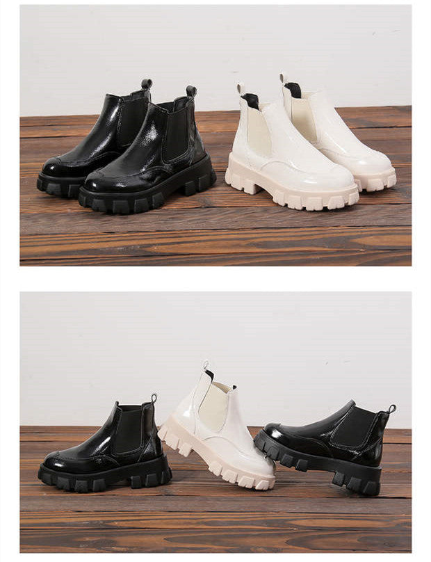 All-match Patent Leather Boots With Wedge Heel Product information Color: black, beige Upper material: canvas Popular elements: color matching Toe shape: round toe Pattern: Color matching Sole material: rubber+MD+TPU Wearing style: elastic band Inside mat