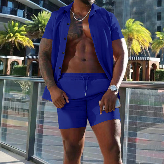 Solid Color Short Sleeved Shorts Two-piece Casual Set Product information : Pant length: shorts Top style: T-shirt Main fabric composition: polyester fiber (polyester) Content of main fabric components: 90(%) Color: sapphire, khaki, white, light blue, dar