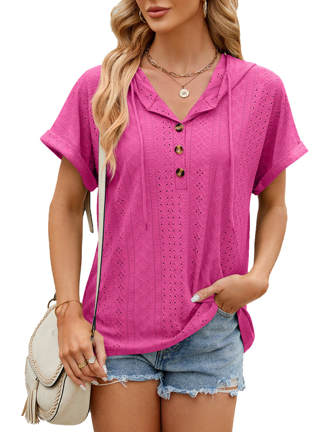 New Solid Color Hooded Button T-shirt Loose Hollow Design Short-sleeved Top For Womens Clothing Product information: Material:Rayon+Polyester+Spandex Style:Fashion Simple Features:Solid color Color:picture color Size Information: Note: 1. Asian sizes are