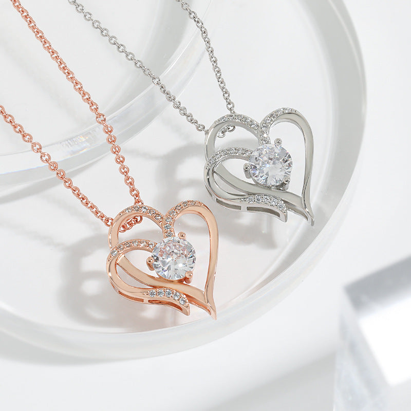 Zircon Double Love Necklace With Rhinestones Ins Personalized Heart-shaped Necklace Clavicle Chain Jewelry For Women Valentine's Day Overview: Unique design, stylish and beautiful. Good material, comfortable wear. A variety of colors, any choice Product i