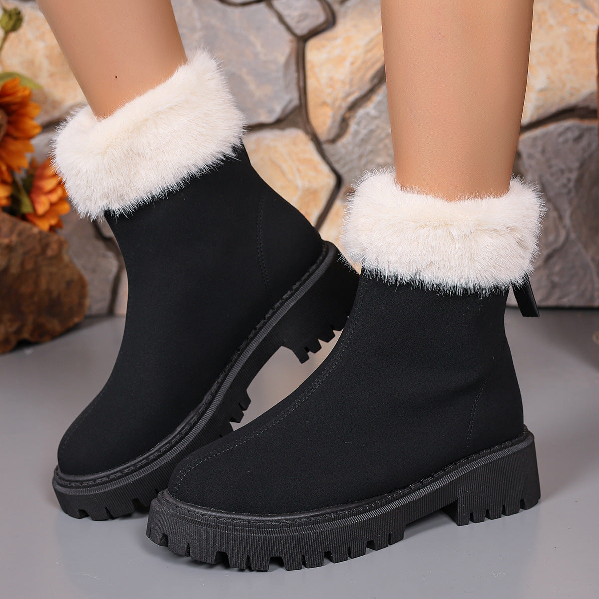 Square-heeled Snow Boots Winter Plus Velvet Platform Plush Shoes Fashion Warm Non-slip Mid-calf Boot For Women Product information: Upper height: high top Toe shape: round head Heel shape: thick heel Inner material: cotton Heel height: middle heel Color: