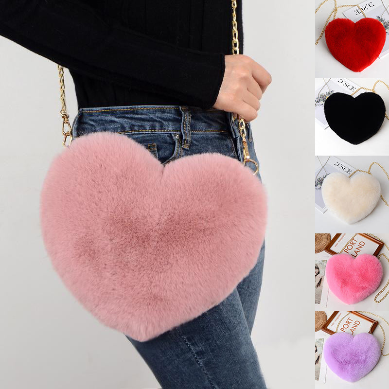Love Bags For Women Plush Chain Shoulder Bags Valentine's Day Party Bag Product information: Material: plush Luggage trend style: small round bag Bag size: medium Lining texture: synthetic leather Bag shape: heart Opening method: zipper Pattern: solid col