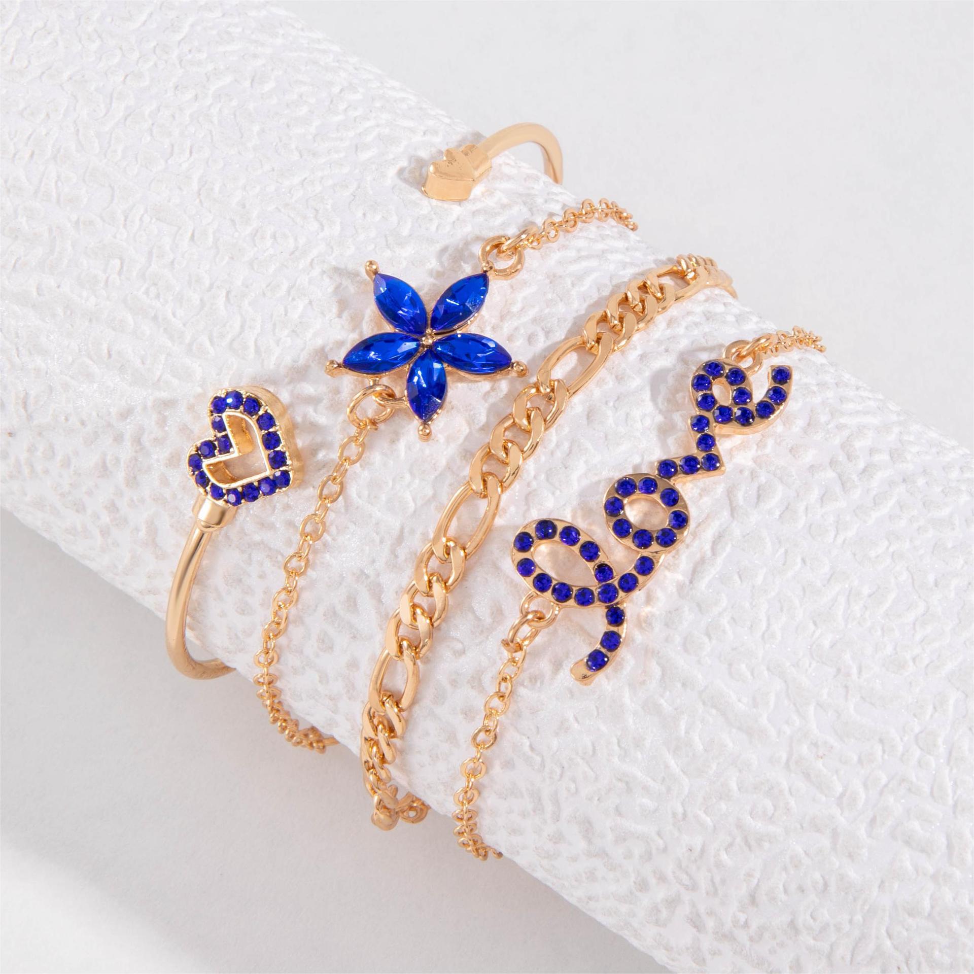 4pcs Blue Flower Love Butterfly Bracelet Set With Rhinestones Design Valentines Day Overview: Unique design, stylish and beautiful. Good material, comfortable wear. A variety of colors, any choice. Product information: Material:Alloy Processing: Electropl