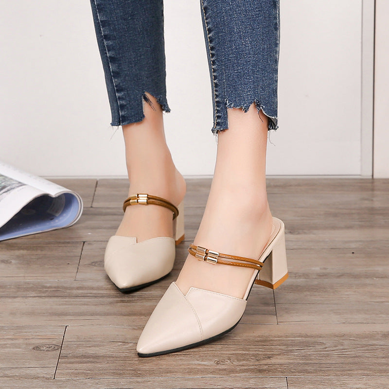 Pointed Toe Two-way Wear With Cool Half Slippers Chunky Heel Sandals Product information: Lining material: PU Color: beige, apricot Upper height: low top Heel height: mid heel (3-5CM) Heel shape: chunky heel Size: 35,36,37,38,39,40,41,42 Sole craft: visco