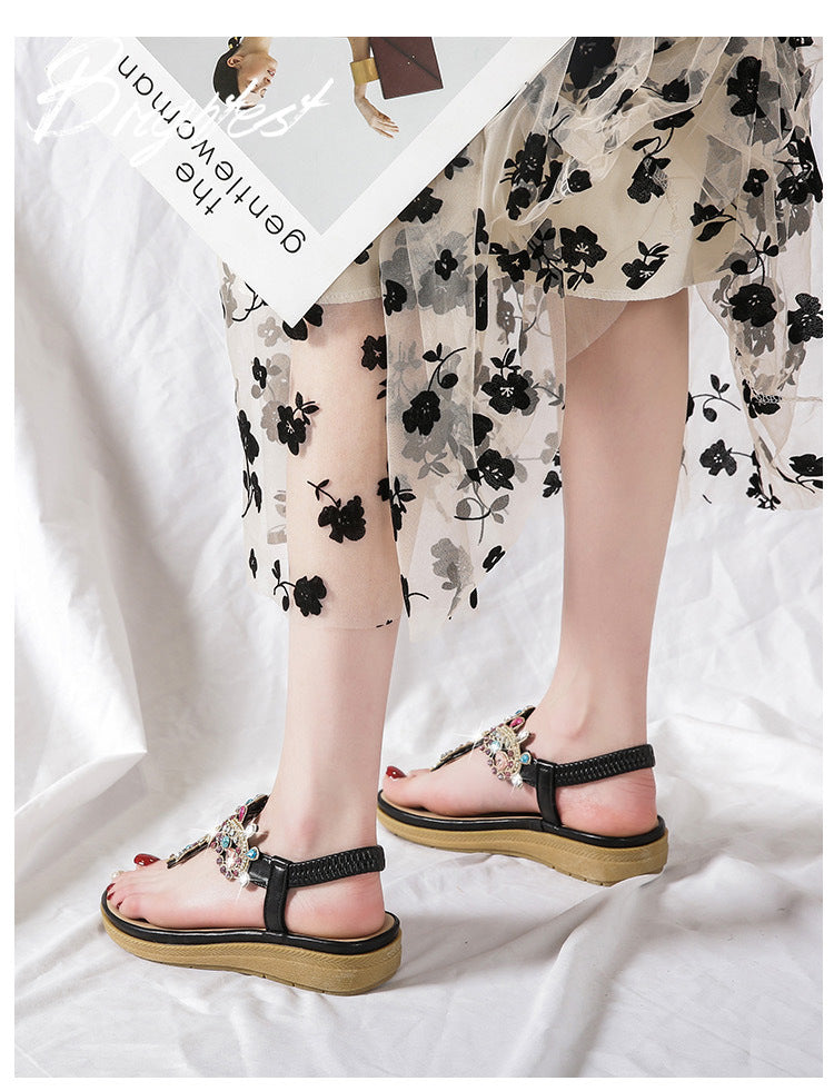 Bohemian L Fashion Rhinestone Flat Sandals Product information: Pattern: Ethnic Lining material: Microfiber Color: black, pink Upper height: low top Processing Method: spot drill Size: 36, 37, 38, 39, 40, 41 Sole craft: viscose shoes Sole material: rubber