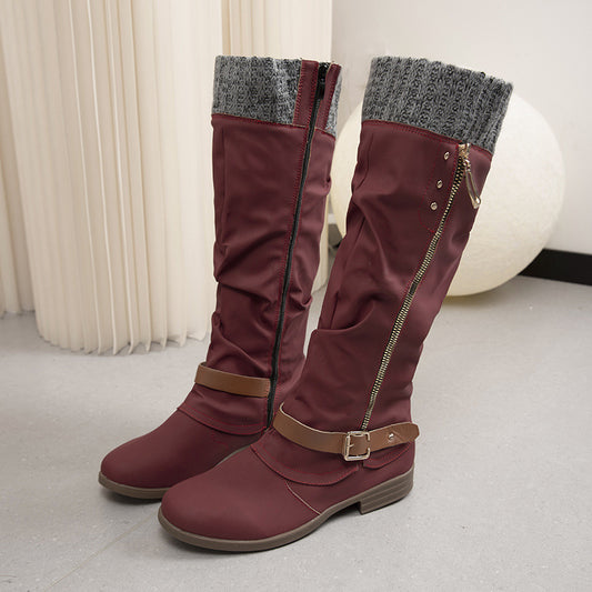 Plus Size Long Tube Women's Boots Chunky Heel Side Zip Wool Stitching Product information: Lining material: Cotton Color: red, black, purple, green, brown Heel height: mid heel (3-5CM) Length of socks: Middle calf Size: 36, 37, 38, 39, 40, 41, 42, 43 Sole