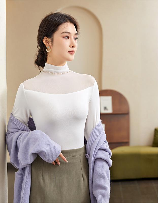 Autumn And Winter Half-high Collar Mesh Thin Transparent T-shirt Lace Top For Women Product information: Fabric name: Regenerated Cellulose fiber Color: pink, khaki, red, white, black Sleeve type: regular sleeve Elastic force: medium elastic Main fabric c