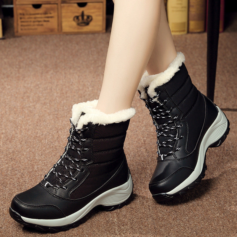Plus velvet high-top women's shoes waterproof snow boots suitable season: winter Heel height; middle heel (3-5CM Pattern Toe shape; round head Popular elements: car suture Applicable gender; female Upper material; umbrella cloth Style: Korean Sole materia