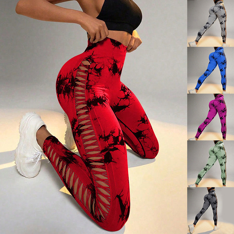Hollow Tie Dye Printed Yoga Pants High Waist Butt Lift Seamless Sports Gym Fitness Leggings Slim Pants For Women Tight Trousers Overview: Unique design, stylish and beautiful. Good material, comfortable wear. A variety of colors, any choice. Product infor
