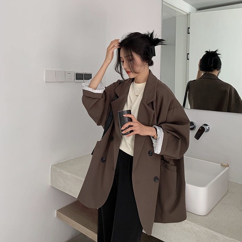 New Women's Coffee Suit Jacket Spring And Autumn Product information: Pattern: solid color Color: Black, coffee color Clothing placket: double breasted Size: S,M,L,XL Style type: temperament commute Lining composition: Polyester Fiber (polyester) Content