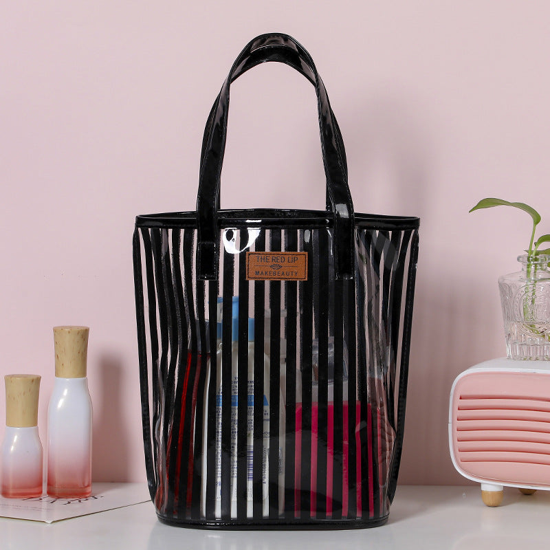 Striped Handbag Wash Bag Girl Heart Transparent Portable Large Capacity Product information: Applicable scenarios: Travel storage, makeup storage Color: white, green, black, orange Scope of Application: sprinkling Xi travel Function: Car Material: PVC Sty