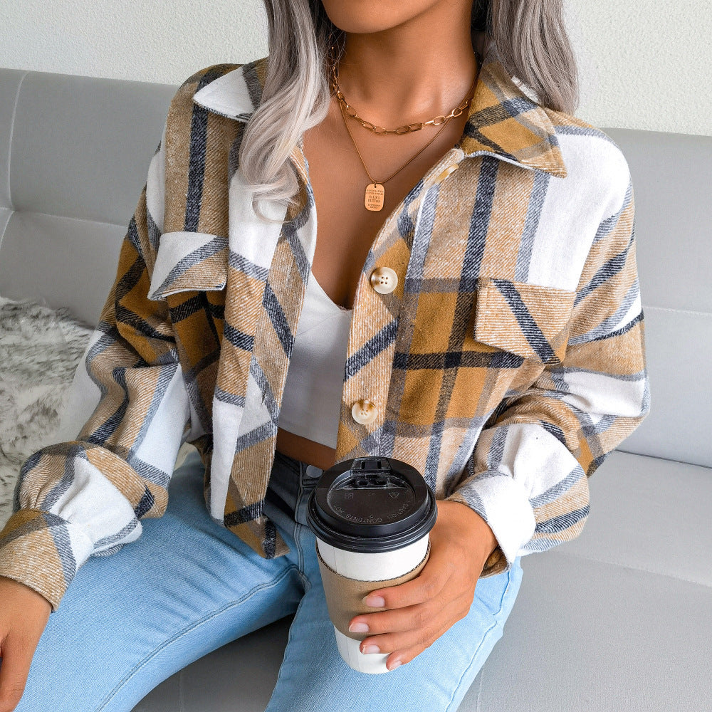 Plaid Lapel Cropped Jacket Fashion Loose Button Long Sleeve Short Outwear Tops Coat For Womens Clothing Product information: Fabric name: woolen fabric Main fabric composition: polyester (polyester fiber) Thickness: Medium Sleeve Type: Lantern Sleeve Colo