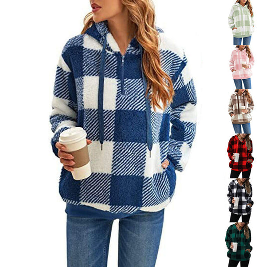 Fashion Plaid Hooded Sweatshirt With Pockets Casual Zipper Plush Tops For Womens Clothing Product Information： Fabric name: Plush Main fabric composition: polyester (polyester fiber) Pattern: Solid color Thickness: Thick Style: Head cover Combination form