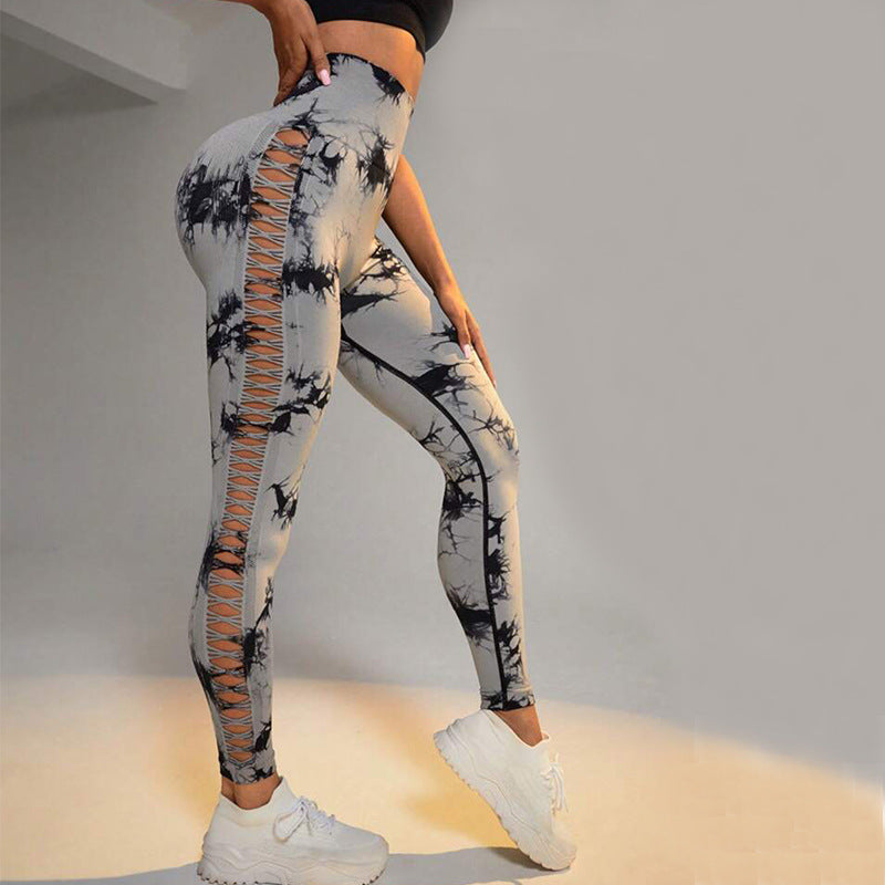 Hollow Tie Dye Printed Yoga Pants High Waist Butt Lift Seamless Sports Gym Fitness Leggings Slim Pants For Women Tight Trousers Overview: Unique design, stylish and beautiful. Good material, comfortable wear. A variety of colors, any choice. Product infor