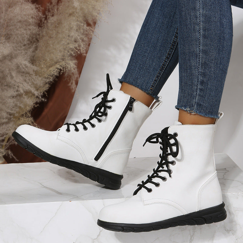 Round Toe Martin Shoes Mid-calf Length Large Size Leather Boots Product information: Color: white, black, yellow, pink, wine red Heel height: low heel (1-3CM) Length of socks: Middle calf Size: 35, 36, 37, 38, 39, 40, 41, 42, 43 Sole craft: viscose shoes