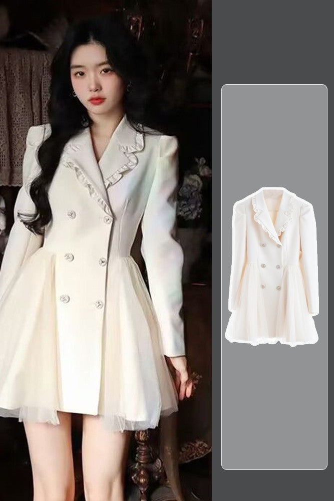 Pengpeng White Suit Dress Waist Up Fairy Short Skirt Product Information: Fabric name: Chemical fiber/polyester Craft: Solid color, buttons, pleats, mesh stitching Style: A-line skirt, fluffy skirt Combination form: single piece Skirt length: medium lengt