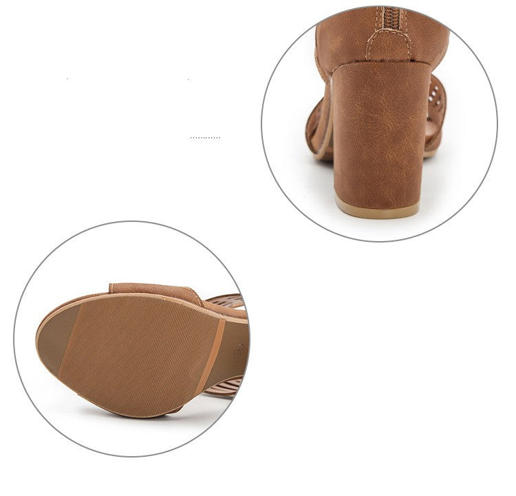 Large Size Thick Heel High Heel Hollow Peep Toe Sandals For Women Product information: Lining material: Leather Toe bracket shape: Fish Mouth Color: red, black, blue, gray, pink, brown Size: 36, 37, 38, 39, 40, 41, 42, 43 Wearing method: Buckle Sole mater