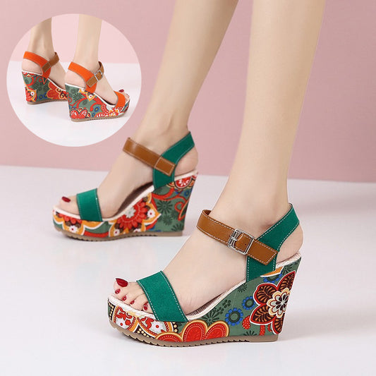 Fashion Flowers Embroidered High Wedge Sandals For Women Summer Toe Platform Buckle Shoes Overview: Unique design, stylish and beautiful. Good material, comfortable wear. A variety of colors, any choice. Product information: Upper Material:PU Toe shape: r